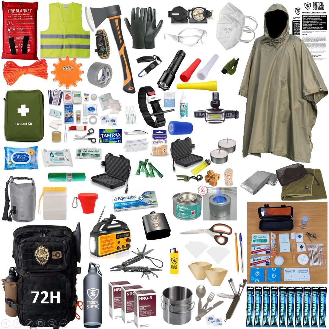 Mochila de supervivencia 72H Europa Certificada UE PREMIUM | Con radio de EMERGENCIAS - MOCHILA PARA EMERGENCIAS KIT para 72 horas (1 persona) 152 piezas